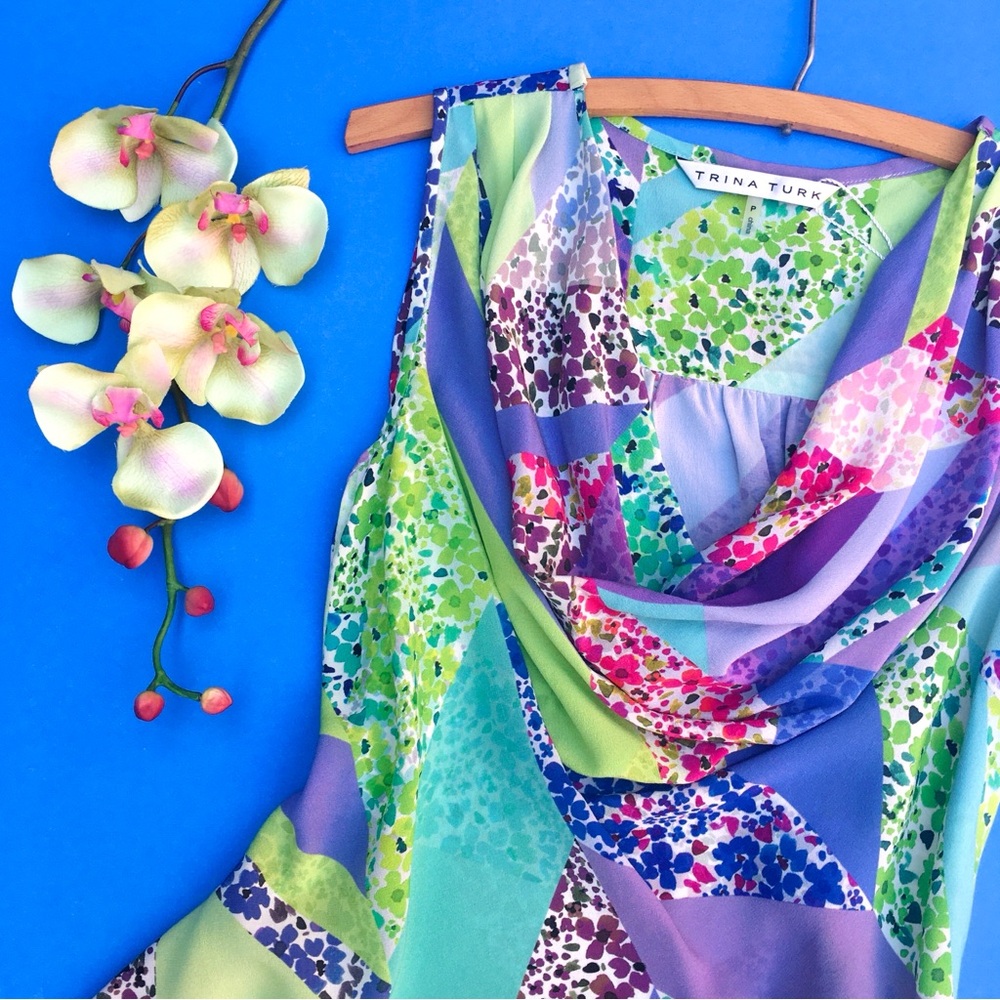 Trina Turk ❉ Draped Sleeveless Floral Silk Blouse Size P XS